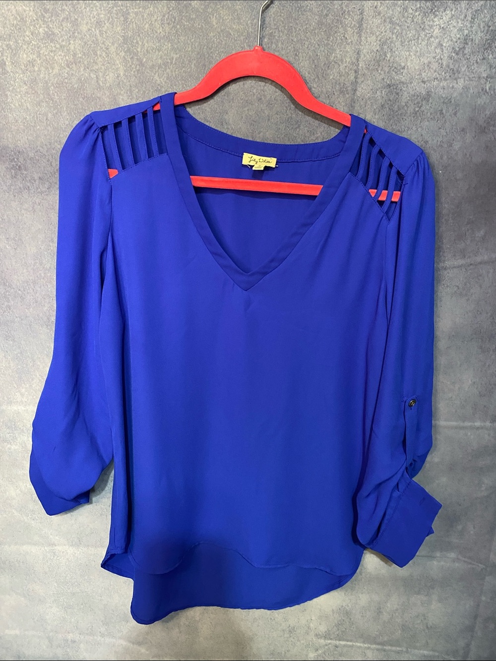 Lily White Royal Blue V-Neck Ladder-Shoulder Blouse